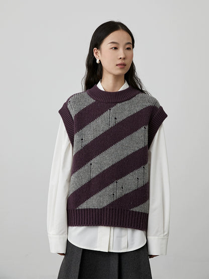 [Quartet] Chaleco de punto con cuello redondo y rayas retro de CAREMIND con contraste de colores apilados, chaleco de punto con gancho para mujer 