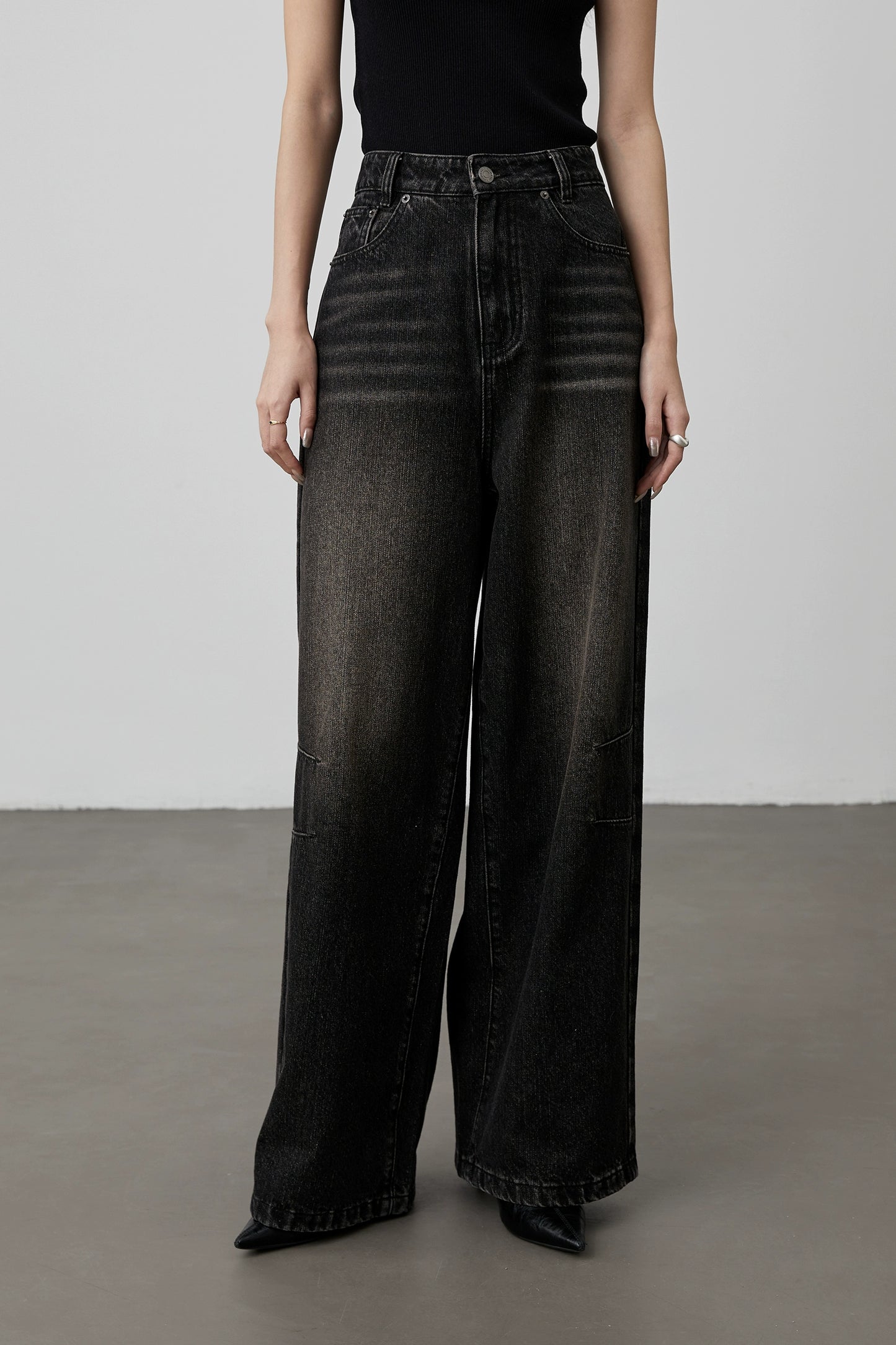 [Tiger Eye Black Denim] CAREMIND Black Coffee Retro Washed Straight Pants Women's 2024 Winter Loose Wide Leg Pants