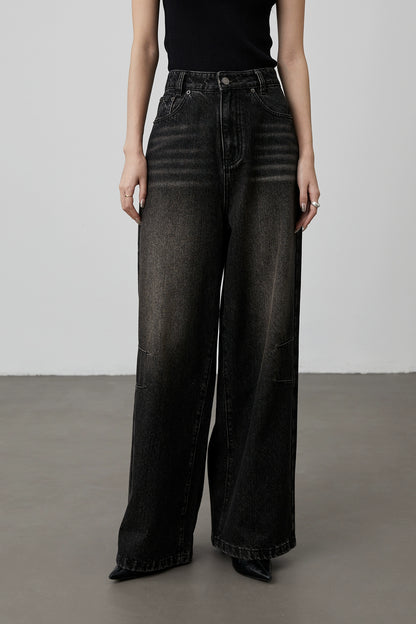 [Tiger Eye Black Denim] CAREMIND Black Coffee Retro Washed Straight Pants Women's 2024 Winter Loose Wide Leg Pants