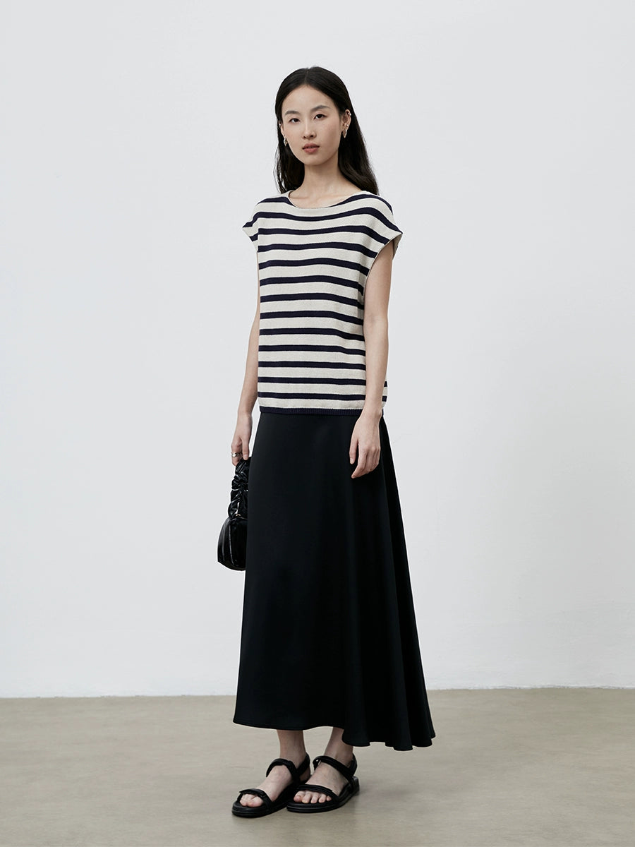 [Tarde de ocio] CAREMIND Camiseta sin mangas de punto de lino sencilla con mangas a rayas y elegante top de lino de punto para mujer 