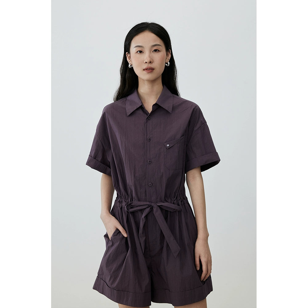[Travel jumpsuit] CAREMIND grape purple jumpsuit summer and Korean version polo lapel top waist shorts