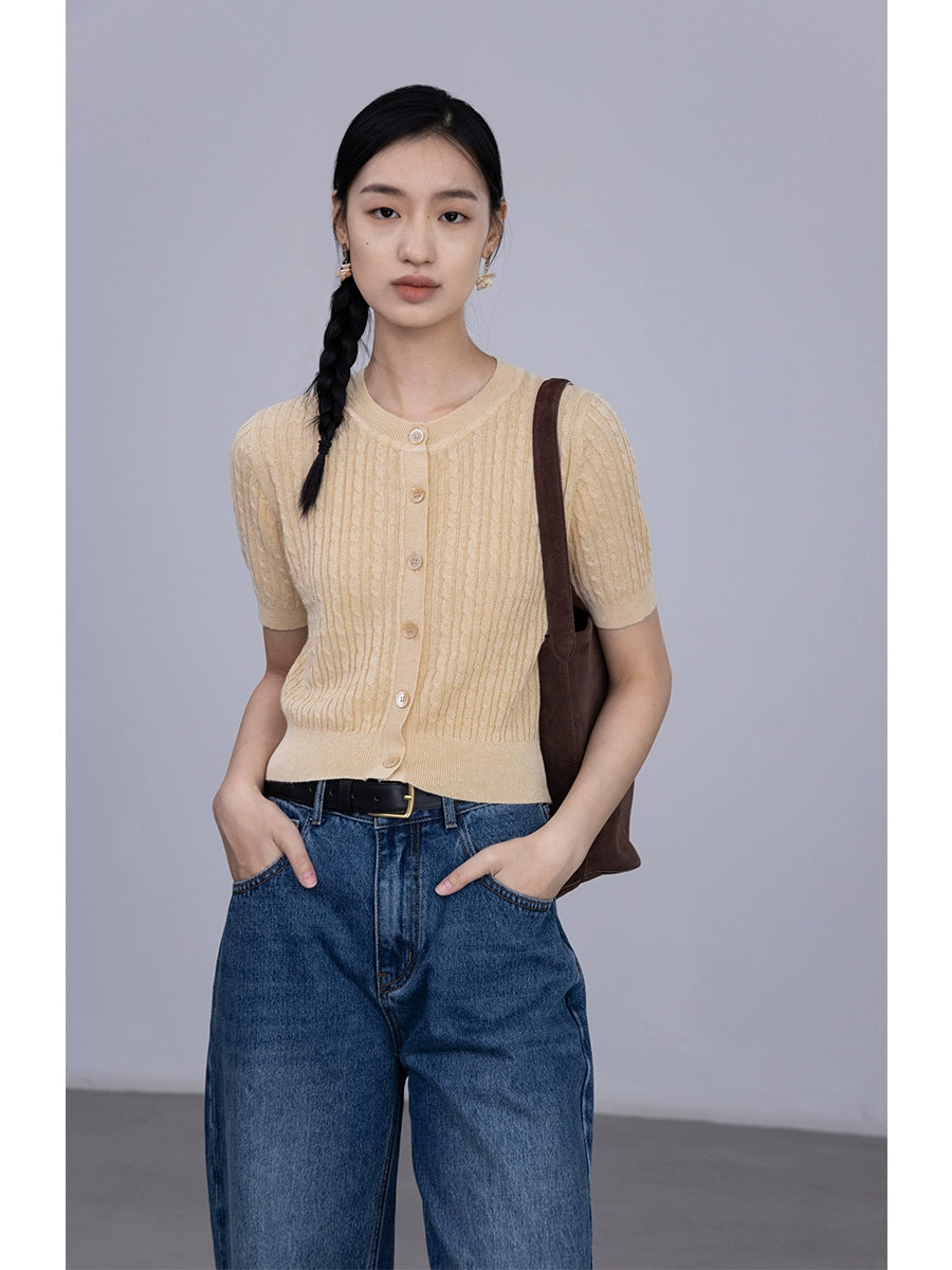 [Special Price] Two-color ramie knitted single-breasted cardigan top shows temperament elastic crew neck short sleeves