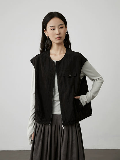[Wanderer Vest] CAREMIND Black Japanese Tooling Short Vest Jacket Sleeveless Zipper Cardigan