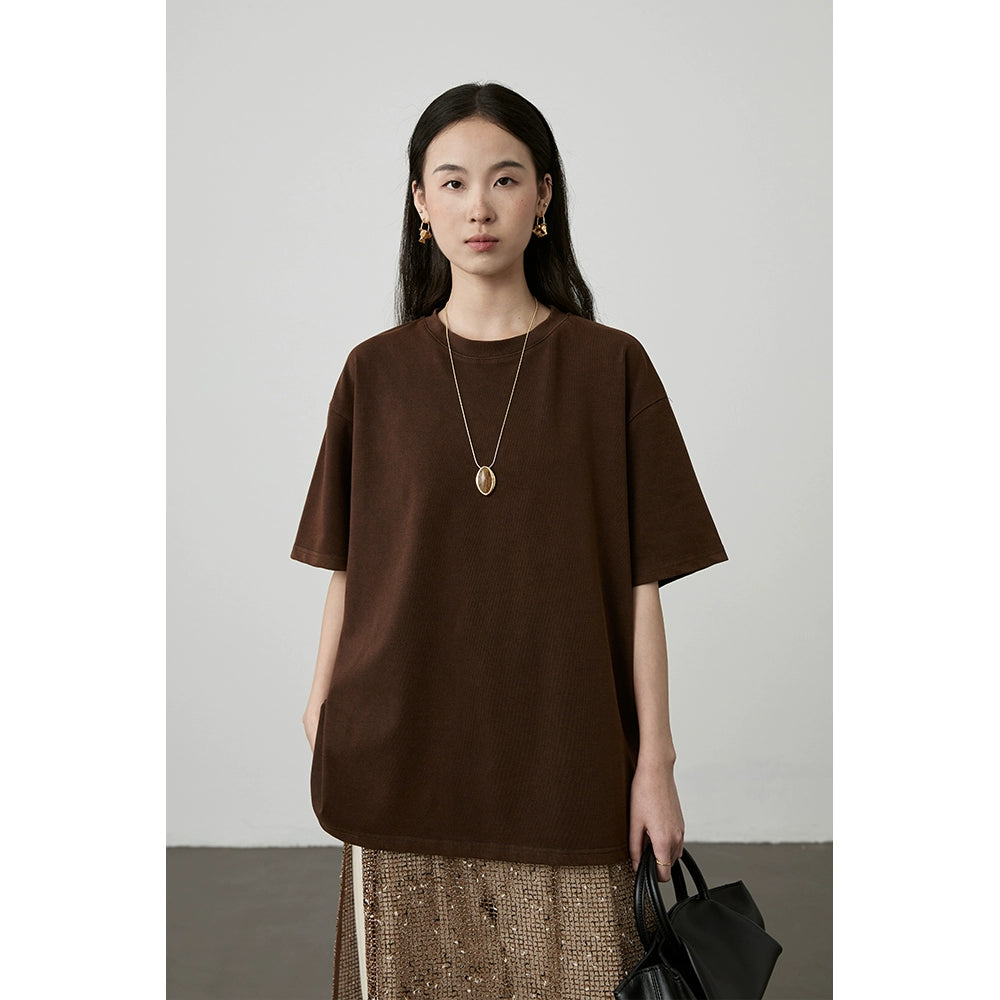 [Café helado] Camiseta holgada de cuello redondo color café de CAREMIND, camiseta fina de manga corta apilada de longitud media y larga, primavera y otoño 