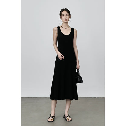 Vestido tipo chaleco sin mangas con escote en U negro de CAREMIND Vestido de tencel con parte inferior entallada y caída mediana 