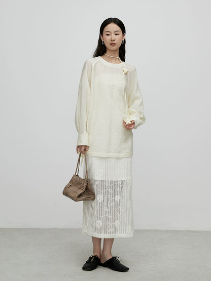 [Falda de flores] Falda de temperamento intelectual CAREMIND, diseño de patrón de industria pesada con bordado de encaje, falda mediana y larga 