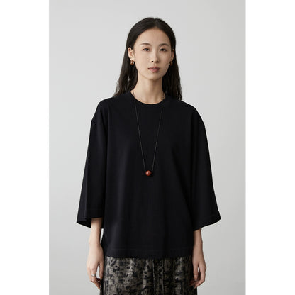 CAREMIND Camiseta de manga corta versátil, informal, de cuello redondo y cuatro colores, de manga siete cuartos, cómoda y holgada, de algodón puro, para mujer 