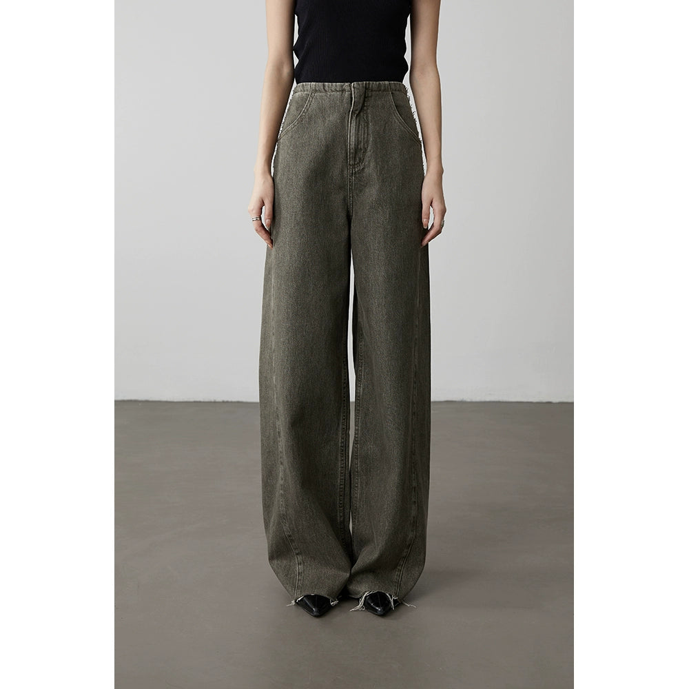 CAREMIND Old olive green narrow wide-leg jeans show straight and thin straight floor mopping pants women's spring and autumn models