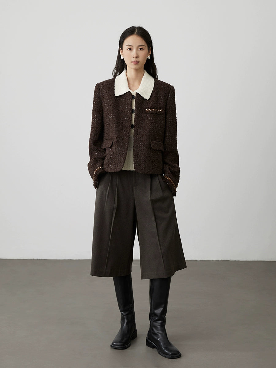 [Ebony streamer] Chaqueta corta tejida sin cuello de color marrón café de primera calidad para otoño e invierno de CAREMIND, temperamento, top pequeño y fragante 