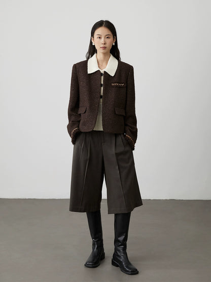 [Ebony streamer] Chaqueta corta tejida sin cuello de color marrón café de primera calidad para otoño e invierno de CAREMIND, temperamento, top pequeño y fragante 