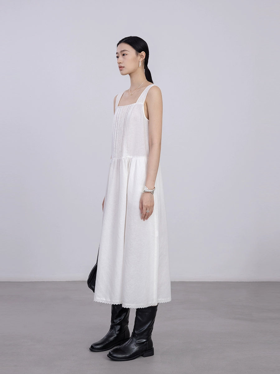 [Oferta por tiempo limitado] Vestido de encaje literario romántico blanco Nuevo vestido de jacquard con escote cuadrado Vestido mediano y largo 