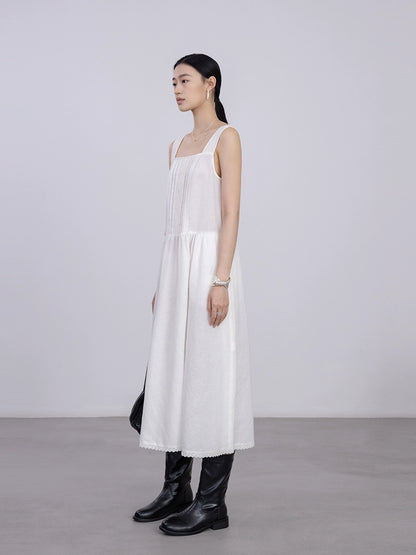 [Oferta por tiempo limitado] Vestido de encaje literario romántico blanco Nuevo vestido de jacquard con escote cuadrado Vestido mediano y largo 