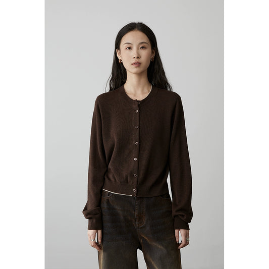 [Sea Salt Mocha] CAREMIND wool knitted cardigan jacket round neck temperament thin fake two-piece top