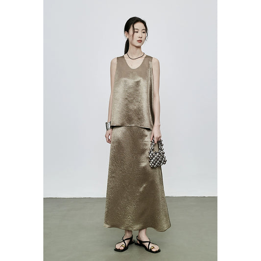 CAREMIND Traje de acetato con estampado oscuro Chaleco sin mangas Falda larga de cola de pez Conjunto de dos piezas para mujer 