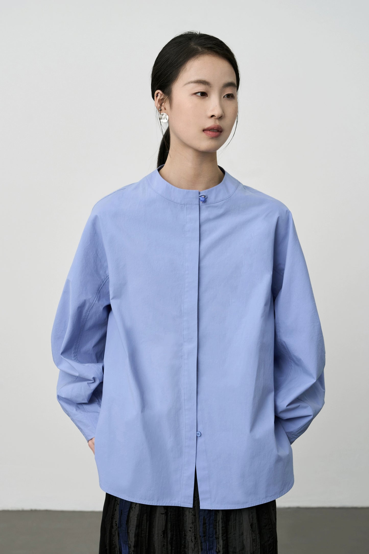 [Slow Daily] CAREMIND Premium New Chinese Neckline Button Shirt Temperament Pull Full Blue Versatile Shirt