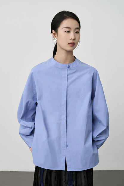 [Slow Daily] CAREMIND Premium New Chinese Neckline Button Shirt Temperament Pull Full Blue Versatile Shirt