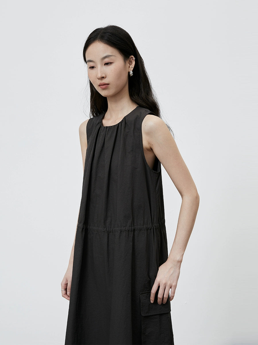 [Traveler] CAREMIND Simple dark gray green sleeveless dress tooling drawstring loose vest skirt