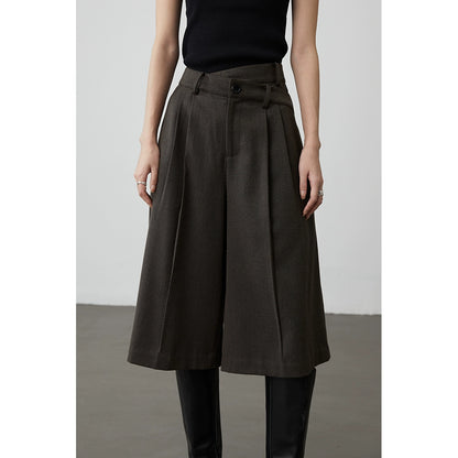 [Pantalones de montar] Pantalones anchos y elegantes CAREMIND con cintura escalonada y diseño asimétrico, color verde café, pantalones medianos 