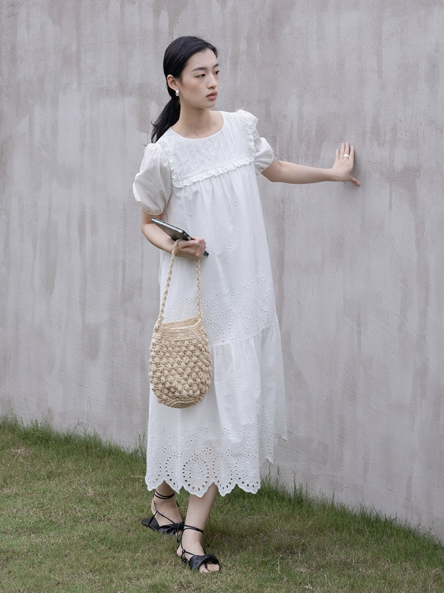 [Oferta especial por tiempo limitado] Vestido blanco romántico de jacquard francés hueco con mangas pequeñas de burbuja y vestido largo con capas de viento suave 