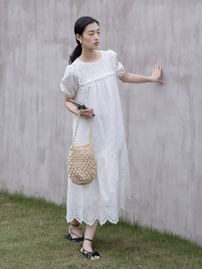 [Oferta especial por tiempo limitado] Vestido blanco romántico de jacquard francés hueco con mangas pequeñas de burbuja y vestido largo con capas de viento suave 