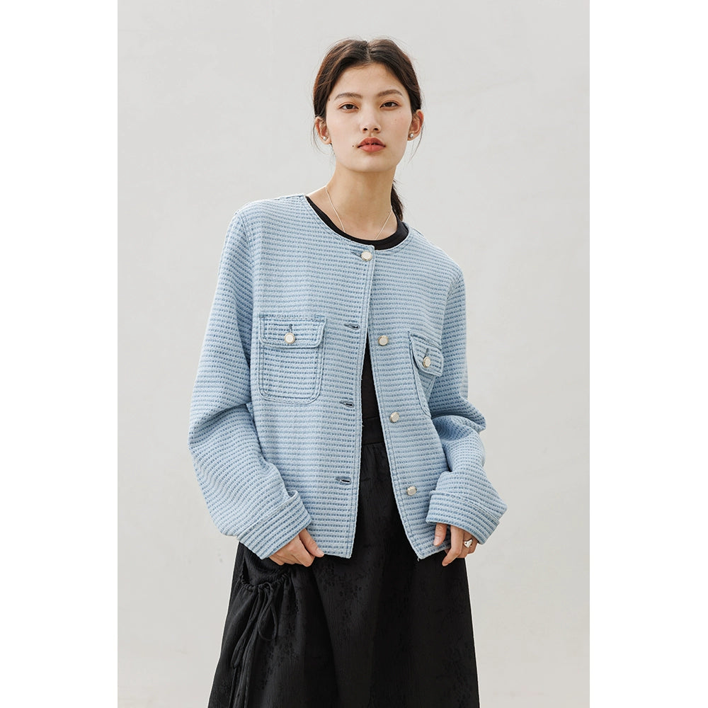 [Offre spéciale à durée limitée] Veste courte de luxe légère Xiaoxiangfeng haut de gamme bleu col rond skinny à porter à l'extérieur
