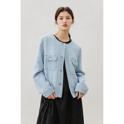 [Offre spéciale à durée limitée] Veste courte de luxe légère Xiaoxiangfeng haut de gamme bleu col rond skinny à porter à l'extérieur