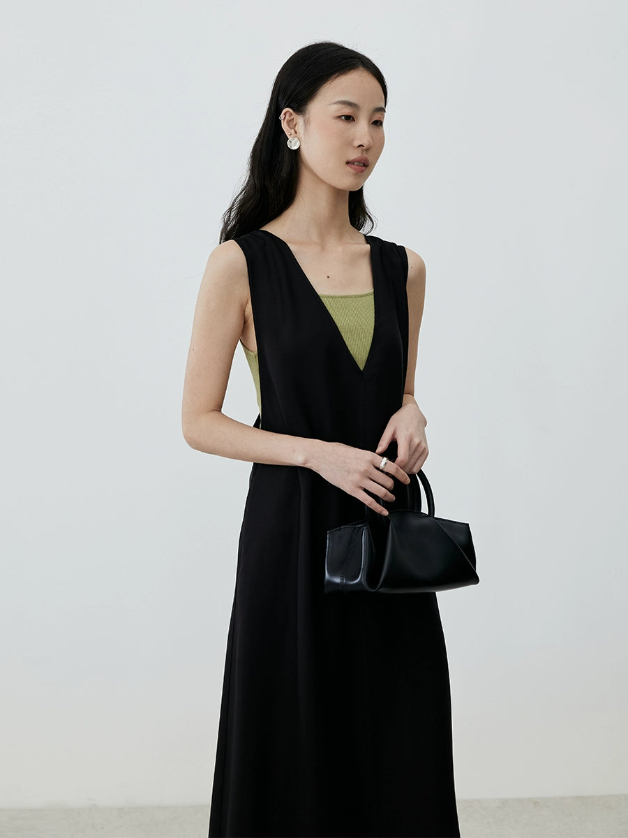 [Vistazo elegante] Vestido tipo chaleco de tencel premium negro CAREMIND, falda apilada sin mangas con cuello en V para otoño 