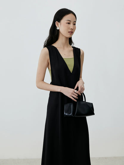 [Vistazo elegante] Vestido tipo chaleco de tencel premium negro CAREMIND, falda apilada sin mangas con cuello en V para otoño 