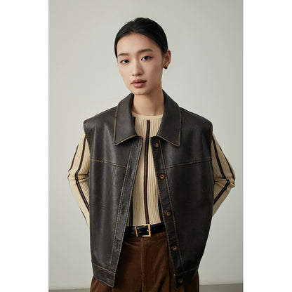 Chaleco sin mangas con diseño original de CAREMIND, chaleco con solapa exterior para mujer, chaqueta de cuero con diseño de solapa, otoño, primavera y otoño 