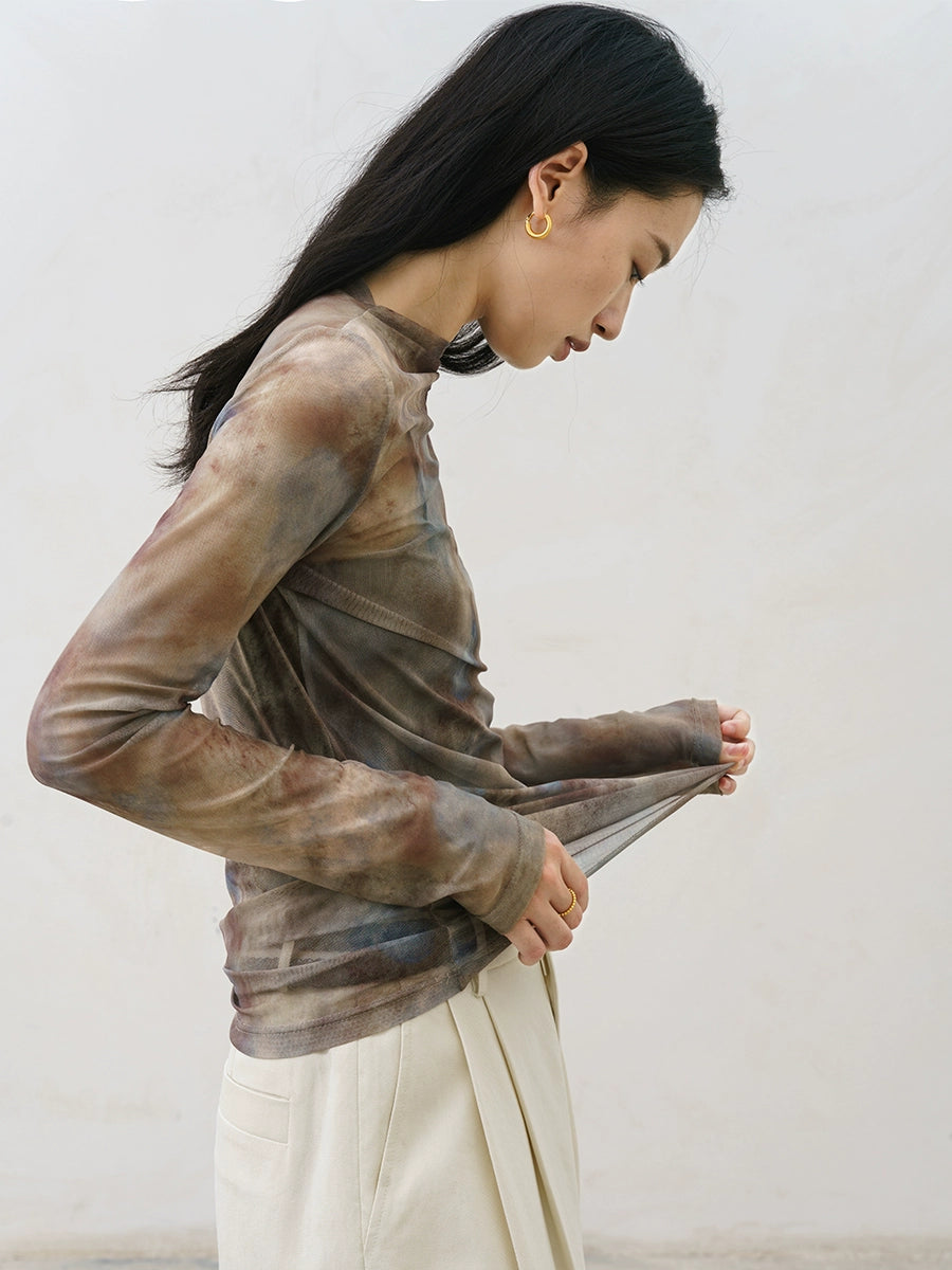 CAREMIND original léger et léger couleur tache haut à manches longues femme design sens slim-fit tricot bas chemise automne nouveau