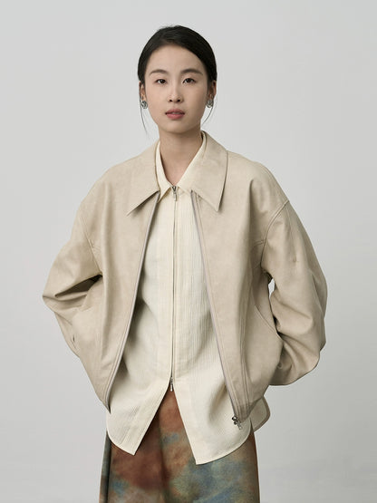 CAREMIND Chaqueta corta elegante de PU para motocicleta en color blanco roto Chaqueta de cuero versátil para primavera y otoño Ropa para mujer 