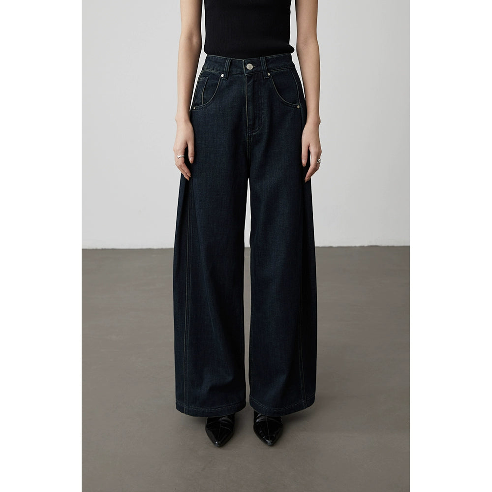 [Versatile pants type] CAREMIND dark blue high-waisted A-version wide-leg jeans, meat-covering and thin straight pants
