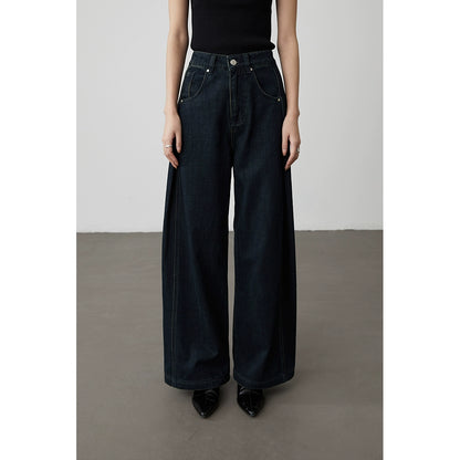[Versatile pants type] CAREMIND dark blue high-waisted A-version wide-leg jeans, meat-covering and thin straight pants