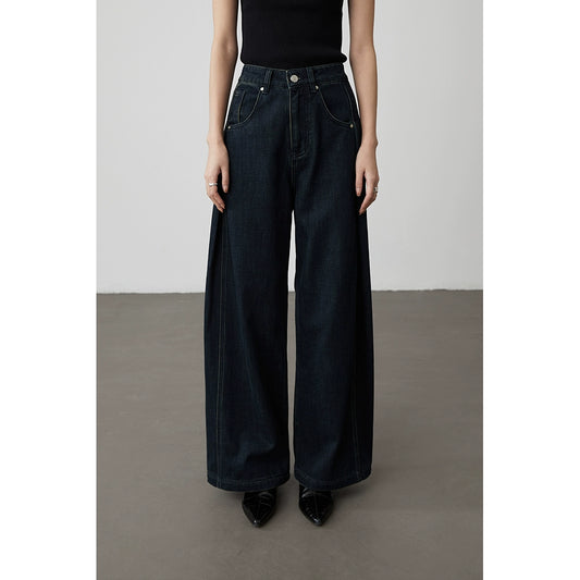 [Versatile pants type] CAREMIND dark blue high-waisted A-version wide-leg jeans, meat-covering and thin straight pants