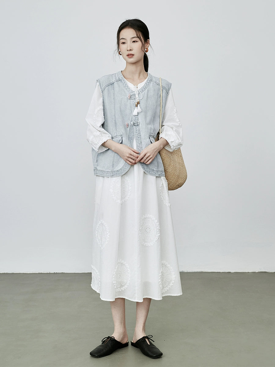 [Elegantes flores de verano] Vestido de ambiente romántico blanco CAREMIND, vestido largo bordado en jacquard con huecos para niños 