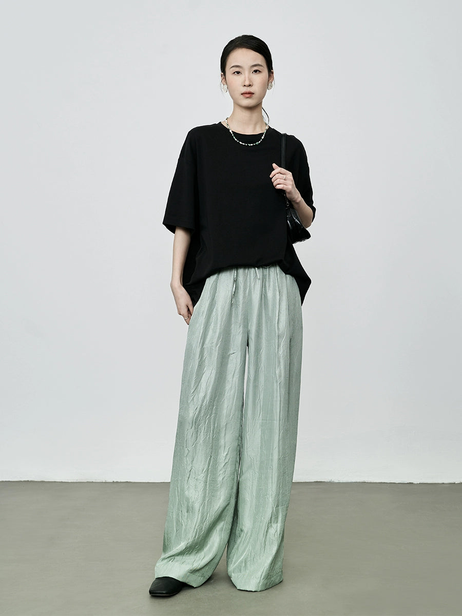 Pantalones anchos con textura y cintura alta con elástico prensado de CAREMIND Pantalones rectos holgados y ajustados 