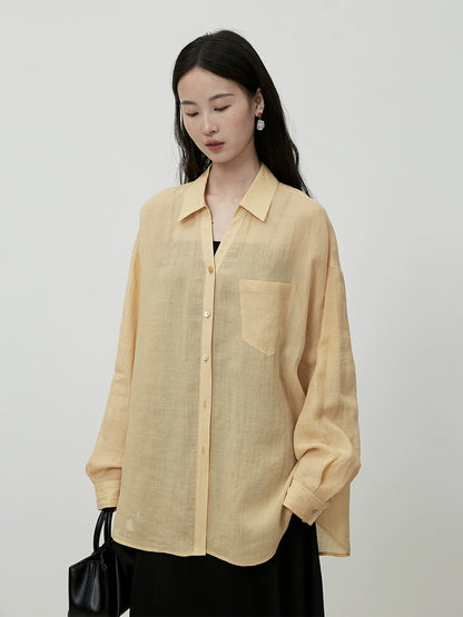 Camisa fina con protector solar de verano CAREMIND Camisa exterior de manga larga amarilla elegante y fresca de Ramie 