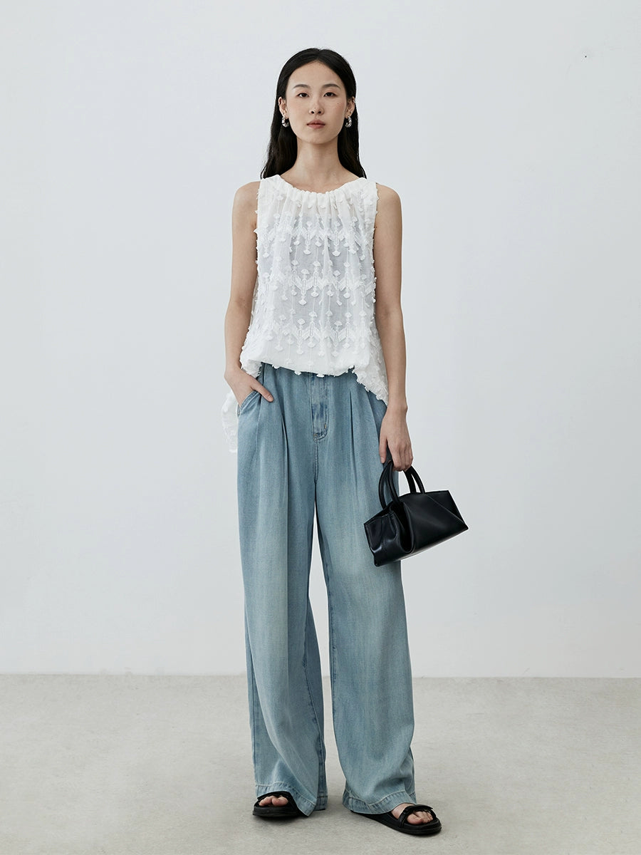 [Diente de león] CAREMIND Chic Jacquard Bordado Blanco Sin Mangas Cuello Flecos Top Mujer Nuevo 