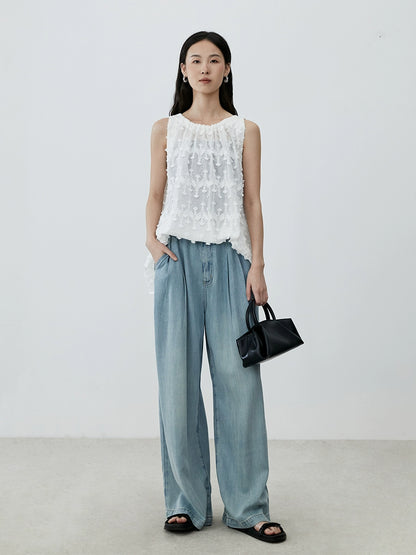 [Diente de león] CAREMIND Chic Jacquard Bordado Blanco Sin Mangas Cuello Flecos Top Mujer Nuevo 