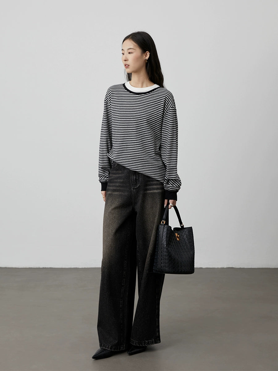 [Tiger Eye Black Denim] CAREMIND Black Coffee Retro Washed Straight Pants Women's 2024 Winter Loose Wide Leg Pants