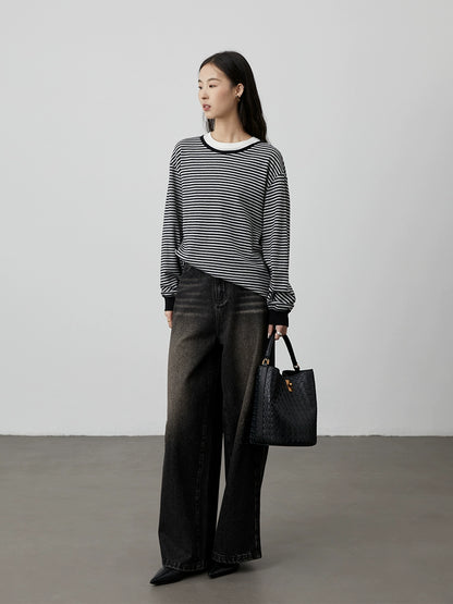 [Tiger Eye Black Denim] CAREMIND Black Coffee Retro Washed Straight Pants Women's 2024 Winter Loose Wide Leg Pants
