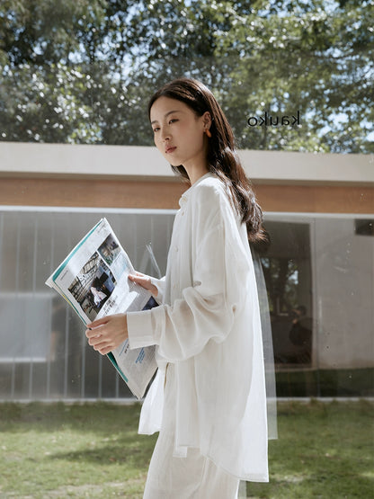 Camisa informal de tencel de ramio súper blanca y morada de CAREMIND, nueva camisa de protección solar versátil para otoño, camisa para viajeros 