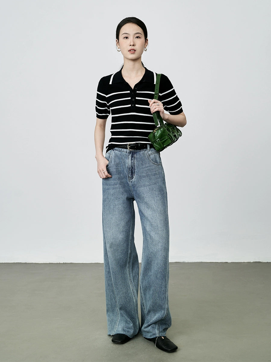 Camiseta tipo polo de rayas retro a juego de colores de CAREMIND, camiseta de manga corta de punto pequeña y ajustada para mujer 