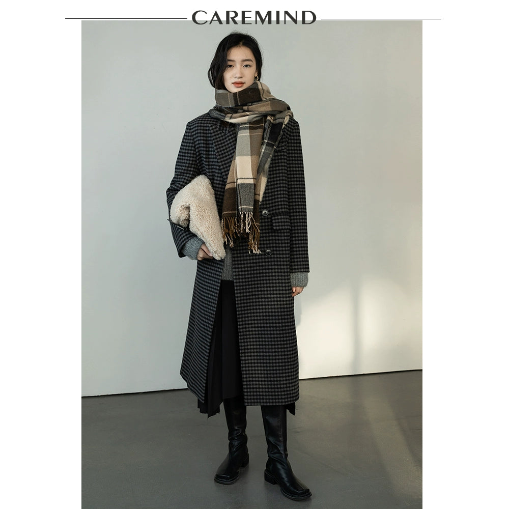CAREMIND [El sueño de Fausto] Abrigo de lana a cuadros original para mujer, nuevo abrigo largo de otoño e invierno 