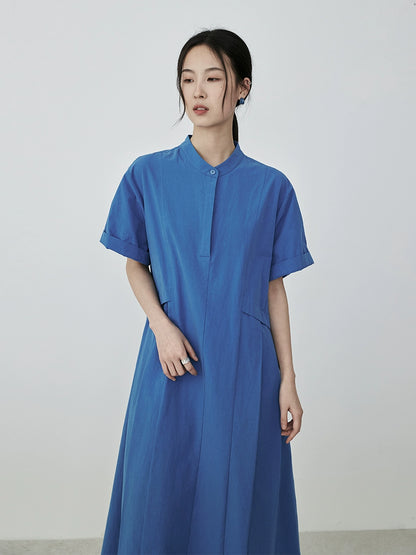 [Bruce Blue] CAREMIND Vestido de viajero diario azul Camisa de algodón puro Falda que cubre las caderas Falda ajustada media y larga 