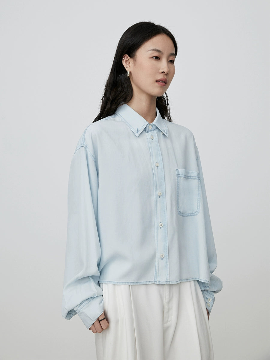 Camisa tipo polo de tencel azul claro CAREMIND, corta, informal, estilo extranjero, fina, manga larga, tipo cárdigan 