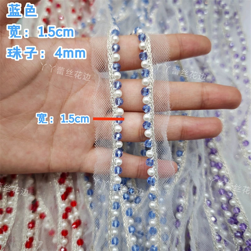 Cinta de encaje con diamantes de imitación de perlas de 1,5 cm de ancho, ideal para hacer puños, escotes, vestidos de novia, correas de hombro, accesorios para el cabello y sombreros.