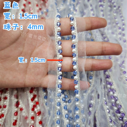 Cinta de encaje con diamantes de imitación de perlas de 1,5 cm de ancho, ideal para hacer puños, escotes, vestidos de novia, correas de hombro, accesorios para el cabello y sombreros.