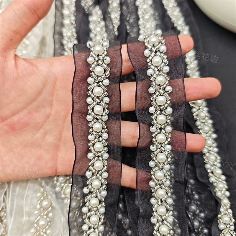 3720 Accesorios de ropa con cuentas de perlas para la industria pesada, encaje de cuentas de malla, accesorios decorativos hechos a mano para cuellos de ropa DIY