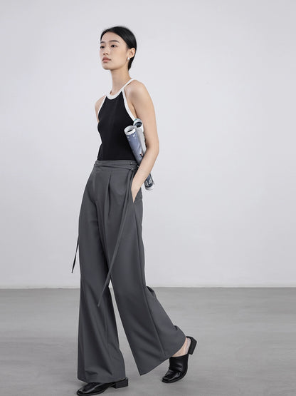 [Oferta por tiempo limitado] Pantalones de traje gris CAREMIND, diseño de mujer, cintura con tiras, pantalones de pierna ancha 